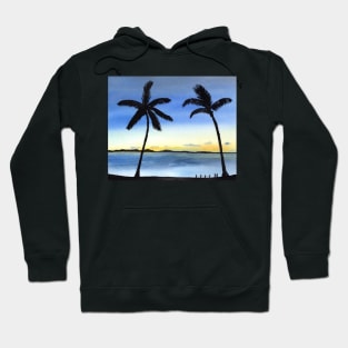 Blue Sunset Ocean scene with Palm Trees Hoodie